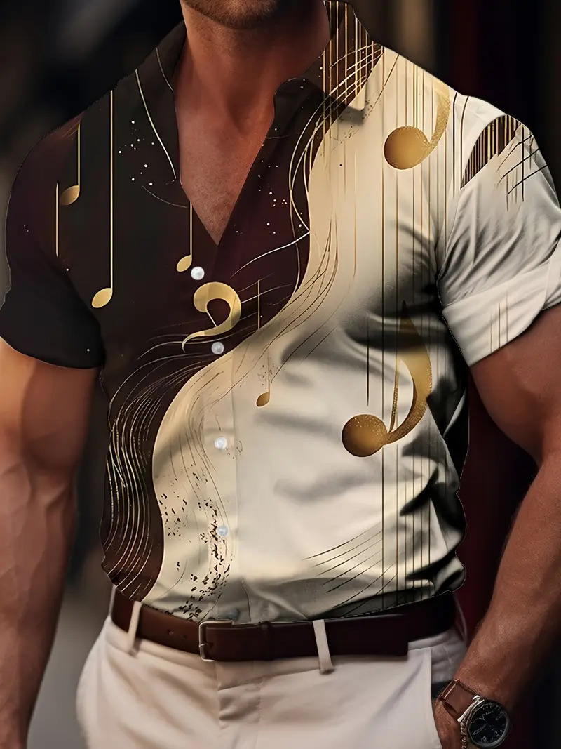 Camisa de manga corta con estampado de nota ancha popular retro de marca de moda europea y americana de verano 2024 para hombres MB1