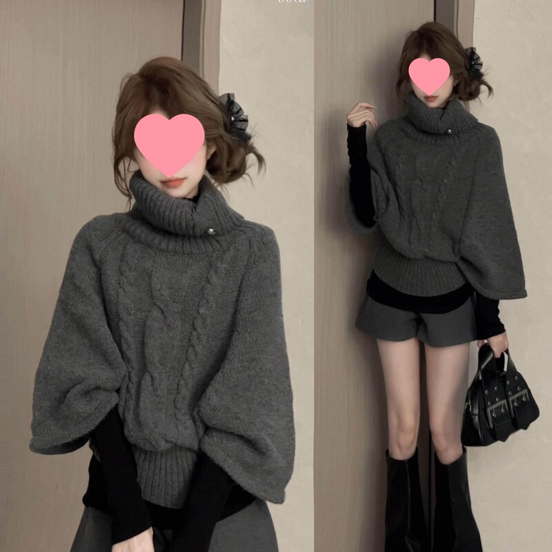 Twisted turtleneck sweater for women, autumn and winter, batwing sleeves, casual and sophisticated knit top, Korean retro style, gray