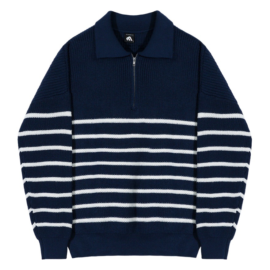 Solapa de manga larga suéter de los hombres del otoño estilo coreano flojo retro casual media cremallera Polo rayas suéter Top moda