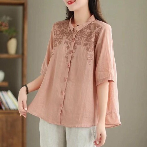 New style national style retro small square collar embroidered shirt with five quarter sleeves temperament age-reducing small shirt for women