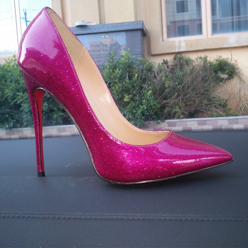 European and American Style High Heels 2026 Red Sole Pointed Toe Shallow Mouth 10cm Stiletto Black Patent Leather Evening Party Large Size Nude Women's Shoes