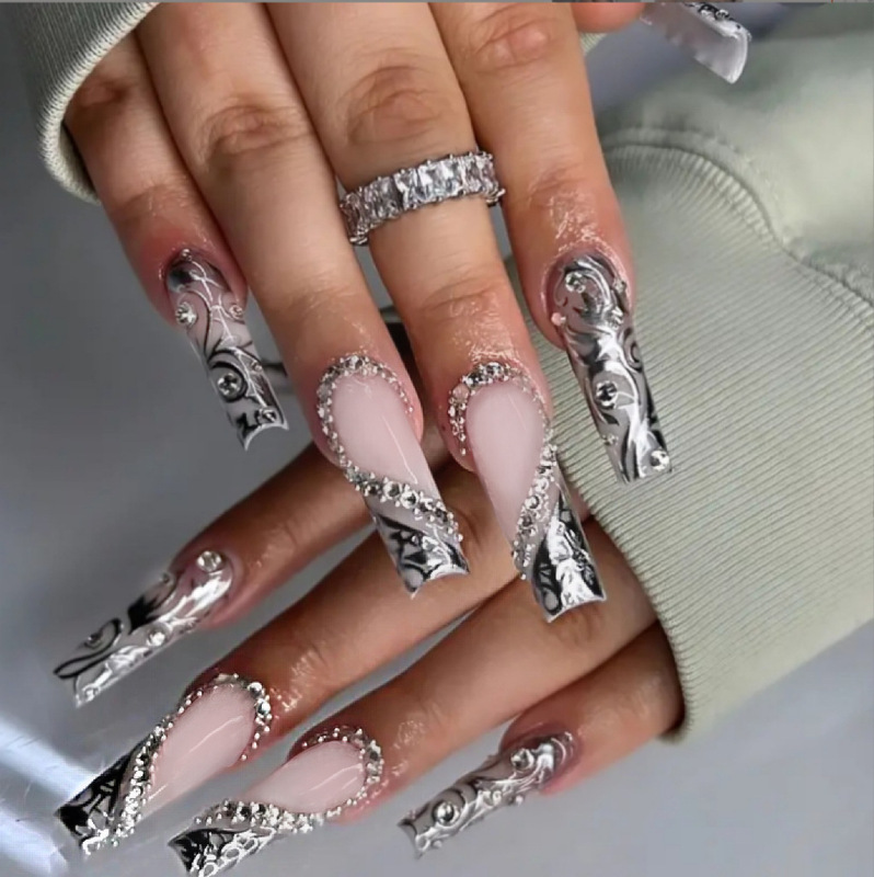 Cross-Border Wearable Nails, High-End Black French Stereo Heart-Breaking Diamond Manicure, European and American Pressonnails Nails