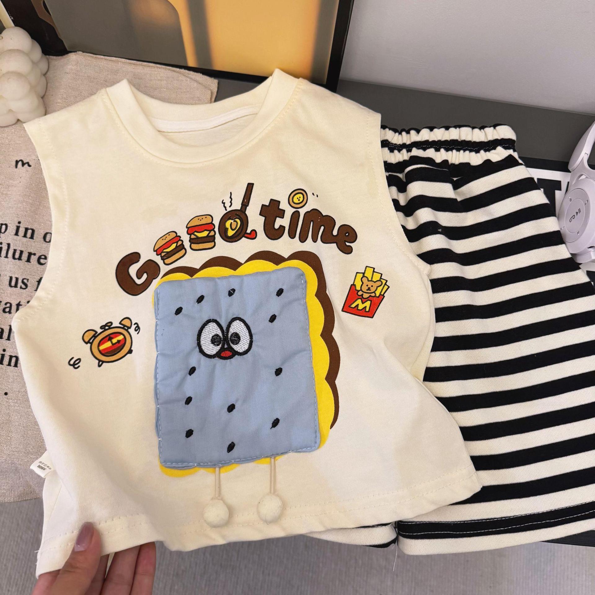 Summer New Children's Korean Style Vest Cartoon Style Pure Cotton Boy Shorts Striped Two-Piece Baby Suit