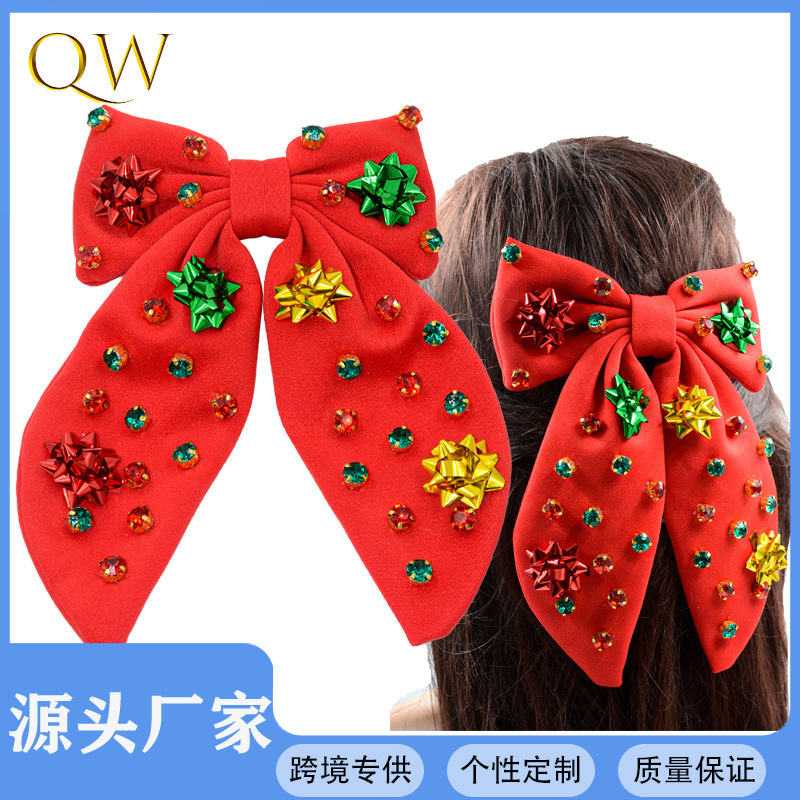 欧美高级感圣诞发夹布艺粘红绿钻搭配星星花弹簧夹节日发饰女|undefined