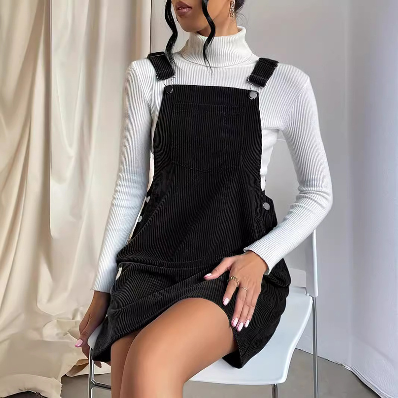 2026 Cross-Border European and American Spring, Summer, and Autumn Amazon Women's Corduroy Solid Color Casual Adjustable Button Strap Dress