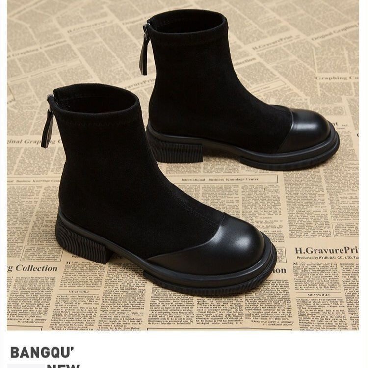 2025 Autumn and Winter New Retro Thick-Soled Spliced ​​Short Martin Boots Heightening Slim Boots Popular Suede Short Boots Women's Shoes