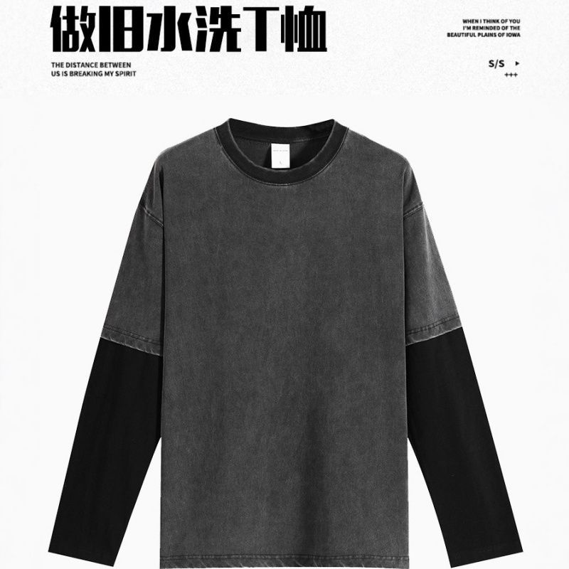 美式复古水洗做旧假两件黑色长袖T恤男女春秋季宽松落肩纯棉上衣