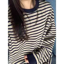 克华棉 +后包 原版面料 藏青条纹拼接卫衣女其他兔毛针织