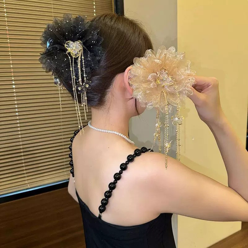 Черная заколка-крабик с кисточками, 13см, цвета шампанского