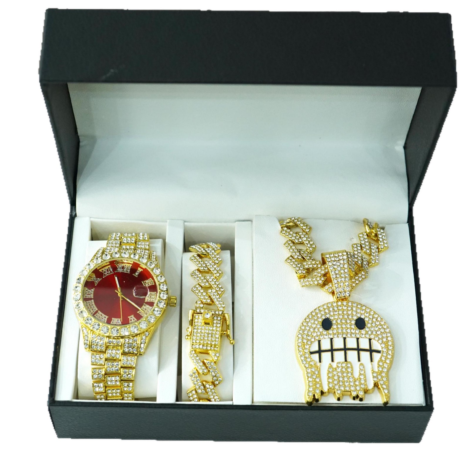 Aleación de alta calidad de moda de diamante de hielo cara colgante de collar de cadena cubana pulsera color reloj conjunto de joyas