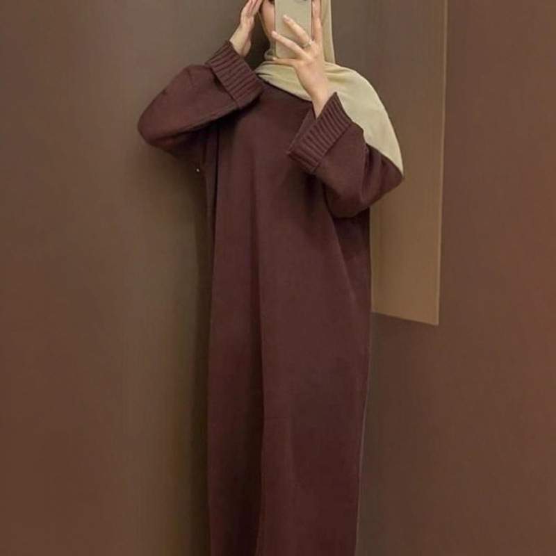 Cross-Border Long Round Neck Sweater Dress for Women 2025 Autumn and Winter New Outer Wear Lazy Style Loose Knee-Length Knitted Dress