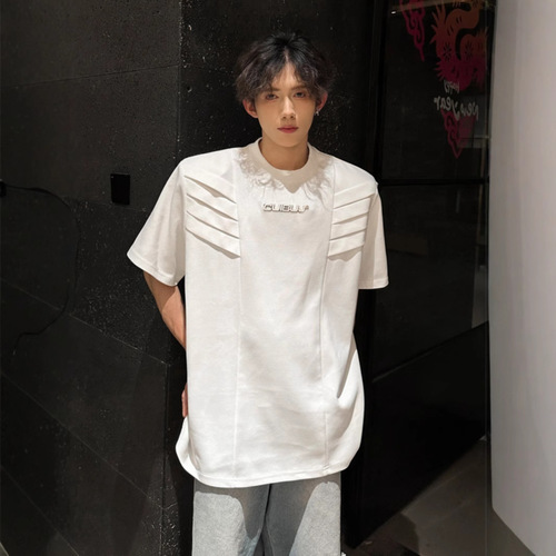 Original Design Men's T-Shirt with Multi-Layer Structure, Padded Shoulder, Short-Sleeve Summer American Heavyweight Half-Sleeve