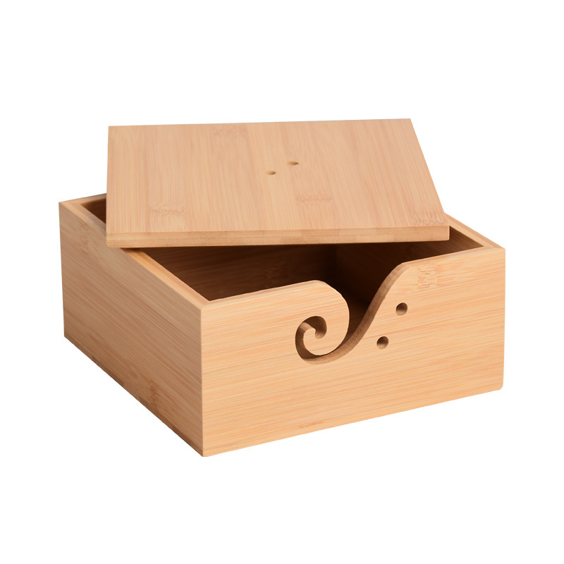 Cuenco de lana redondo de madera textil hecho a mano Cuenco de lana cuadrado de madera con tapa Cuenco de madera de almacenamiento de lana