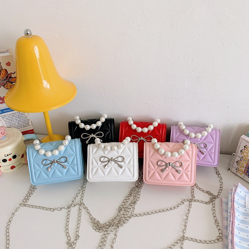 New Bow-Knot Children's Shoulder Bag, Small Fragrant Pearl Handbag, High-Looking Girl's Fashionable Square Bag Lipstick Bag