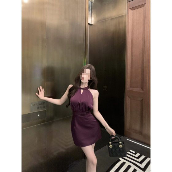 Elegant Purple Sleeveless Neck Hanging dress Women's Summer Royal Sister Sense Skirt Slimming Waist Hip Wrap Skirt