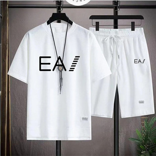 waffle short-sleeved summer t-shirt men's leisure sports suit wholesale loose fake two-piece short-sleeved t-shirt two-piece set