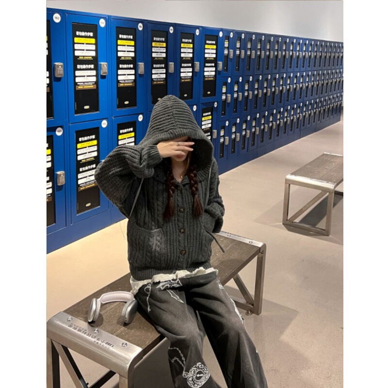 美式小众秋冬设计感针织连帽毛衣慵懒风保暖麻花百搭休闲宽松外套|undefined