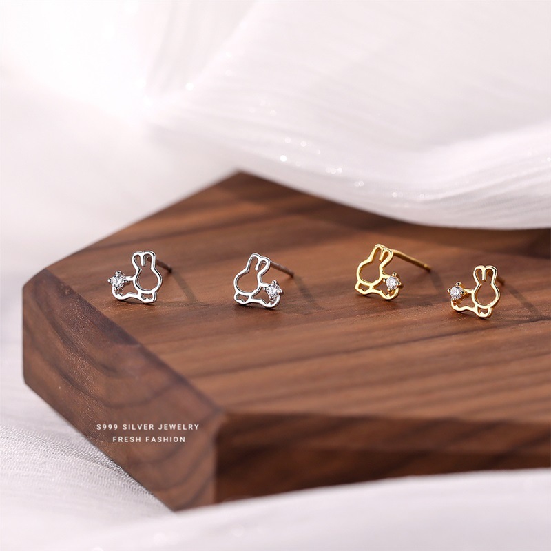 S999 silver dynamic hollow rabbit earr, cute diamond studded, exquisite and luxurious, niche French Rabbit Year_voghion.com