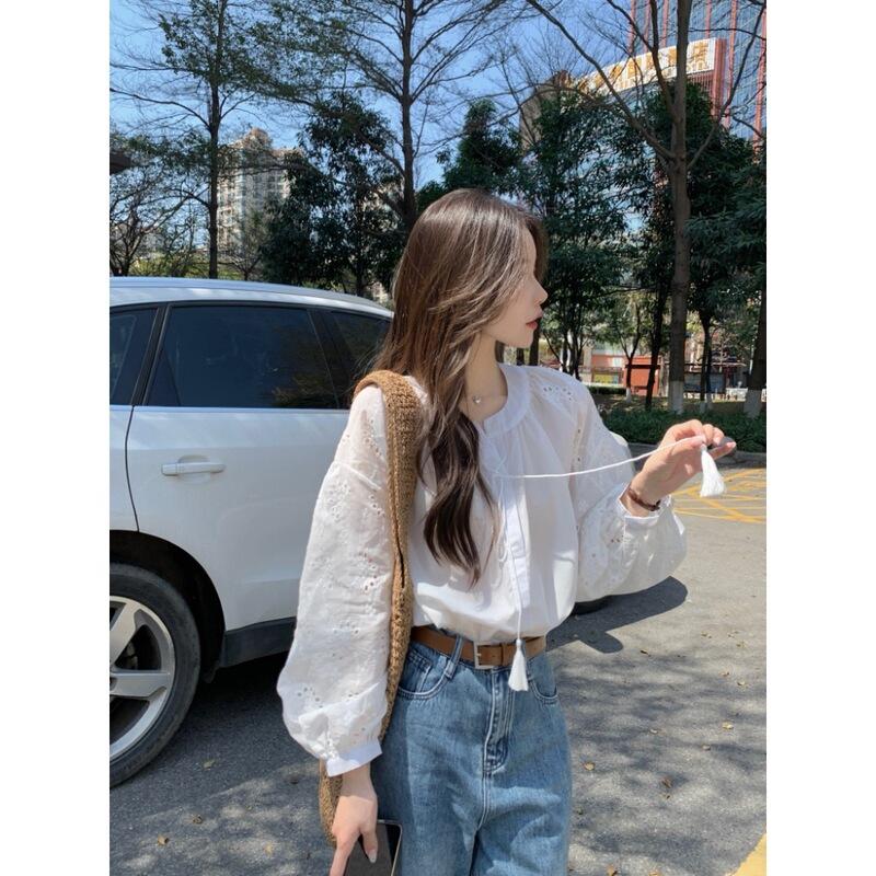 实拍 法式白色衬衫女宽松设计感蕾丝刺绣温柔风百搭系带上衣88591|undefined
