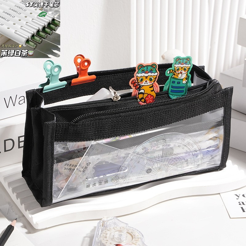 ins estuche de lápices transparente de seis capas de gran capacidad para estudiantes de secundaria y estudiantes de primaria, estuche de lápices de aspecto alto, bolsa de papelería transparente simple