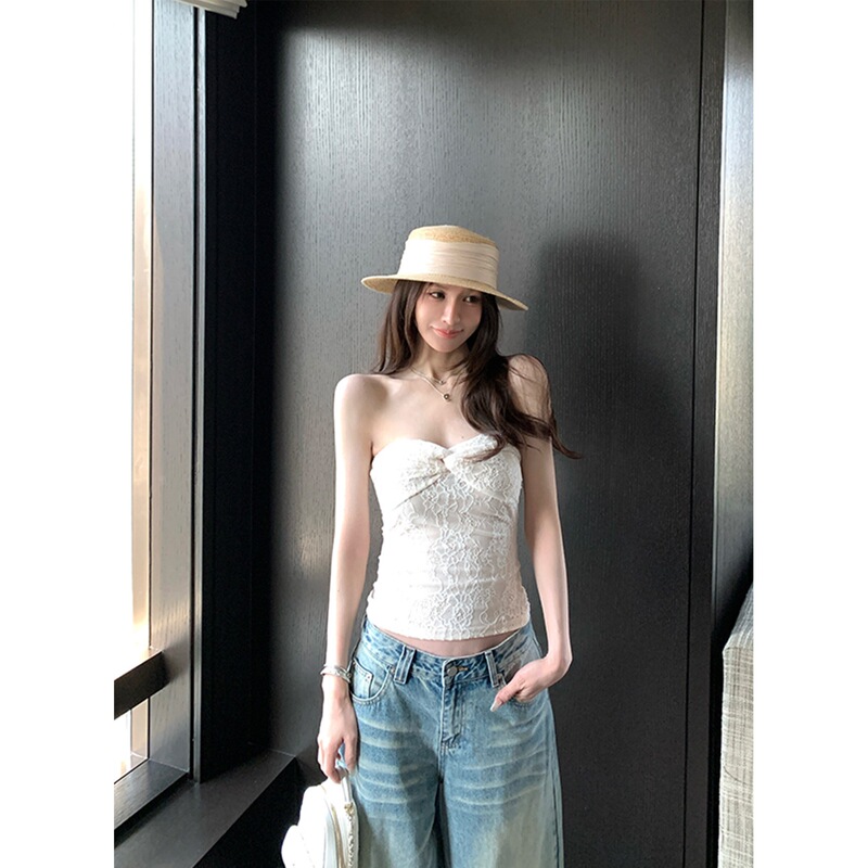 5.28/20Pm Sensual Lace American Sweet and Spicy Hollow Lace Knot Ruched Anti-See-Through Tube Top for Women Summer