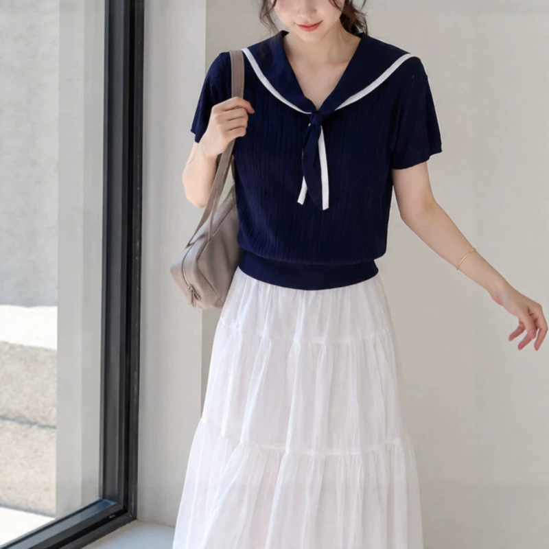 Korean Style Color-Blocked Navy Collar Knitted Short-Sleeve T-Shirt for Women, Summer Versatile Casual Slim-Fit Stylish Top Korean Style Color-Blocked Navy Collar Knitted Short-Sleeve T-Shirt for Women, Summer Versatile Casual Slim-Fit Stylish Top