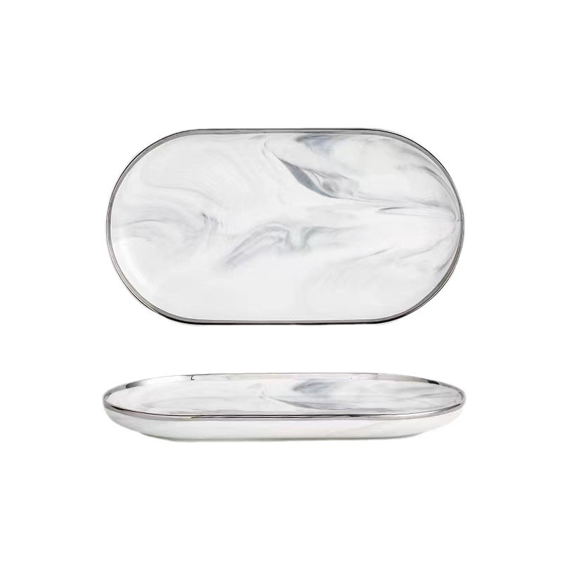 Inicio 2024 nuevo juego de vajilla y platos mármol borde plateado combinación de platos de lujo ligero plato de arroz único