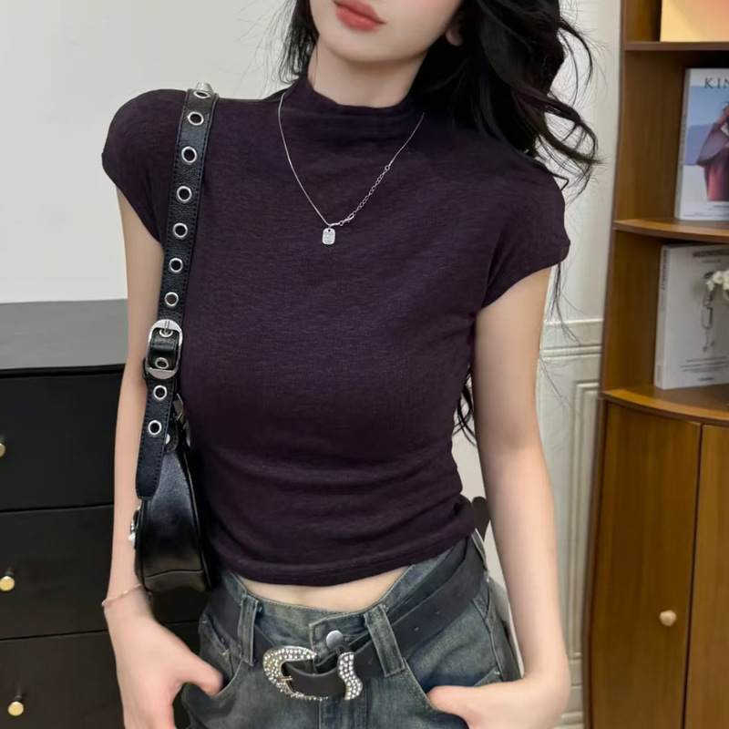 2025 Half Turtleneck Short-Sleeved T-Shirt Women's Fashionable Pure Color Korean Style Slimming Look Early Autumn Bottoming Shirt with Women's Tops to Look Slim