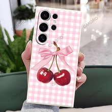 ins格纹樱桃适用三星S24plus蝴蝶结手机壳S25防摔硅胶S23跨境批发
