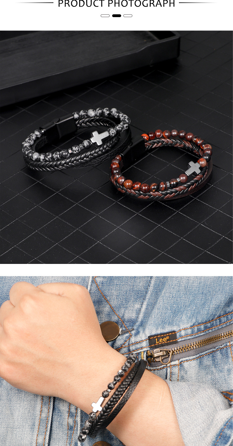 28g Weight Bracelets Classification Leather Rope Chain Material 1 Piece Quantity Casual, Daily, Street Occasion Pu Leather, Alloy, natural stone Material Cross Pattern All Seasons Season Men's Gender Beaded Design Vintage Style Style Vintage Style Cross Pu Leather Alloy Natural Stone Beaded Men's Bracelets Men Cord & Leather Bracelets