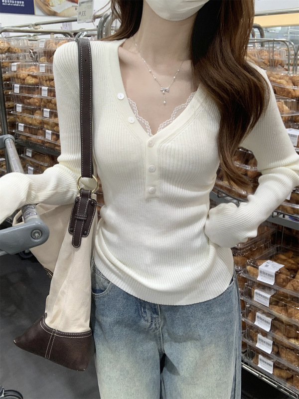 网红甜辣风深V纯欲针织衫上衣女秋季纽扣半开领紧身毛衣打底内搭|undefined