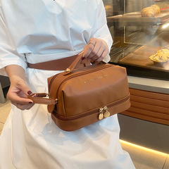 2024新款PU雙層大容量手提防水化妝包 便捷簡約防水洗漱收納包