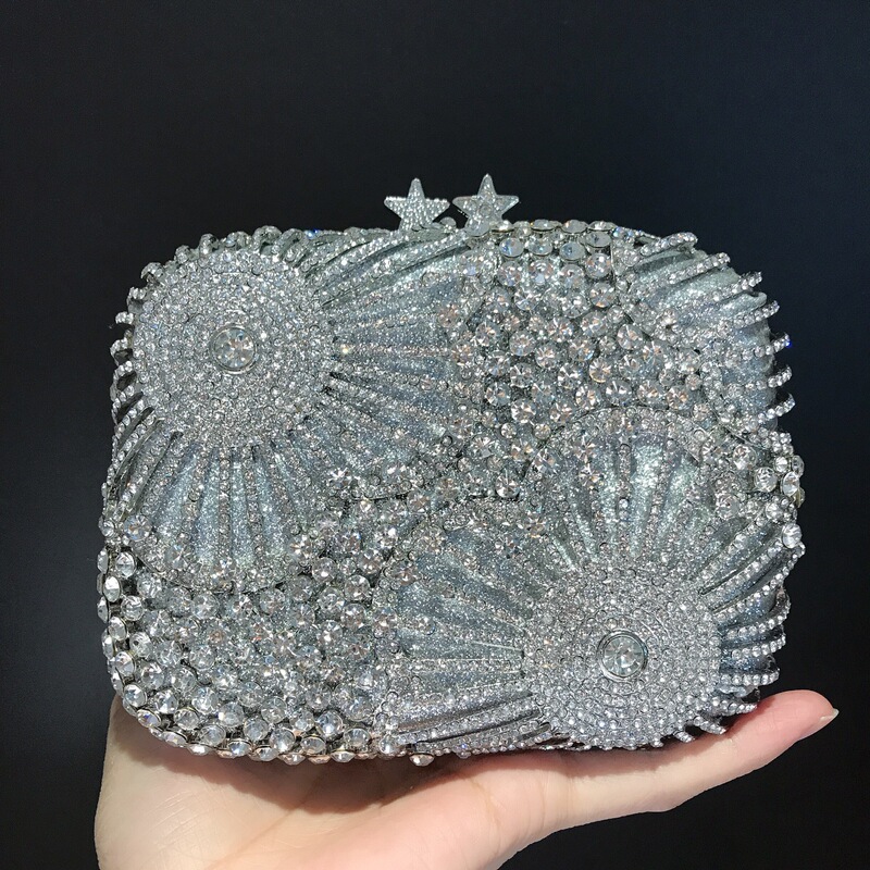 BL505 New European and American Style Banquet with Five-pointed Star Fireworks Small Square Bag Crystal Silver Diamond Evening Bag C BL505 New European and American Style Banquet with Five-pointed Star Fireworks Small Square Bag Crystal Silver Diamond Evening Bag C
