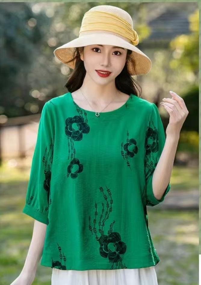 Cross-border nueva camiseta de mujer china impresa de manga media camiseta de mujer de verano camiseta de base de cuello redondo artística ocio image 11