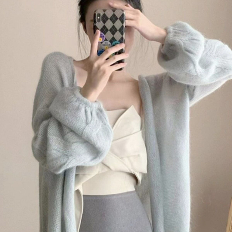 软糯蓝马海毛针织开衫女春秋款新款慵懒风宽松毛衣外套色上衣|undefined