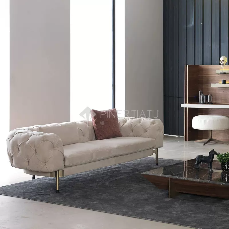 轻奢意式软包靠背拉扣设计三人沙发别墅客厅多人布艺沙发整装