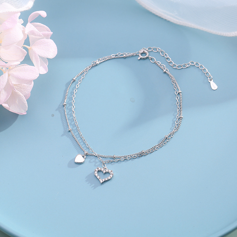 925 plata esterlina amor doble nicho de diseño pulsera de tobillo femenina versión coreana celebridad en línea simple personalidad sexy pequeños estudiantes frescos