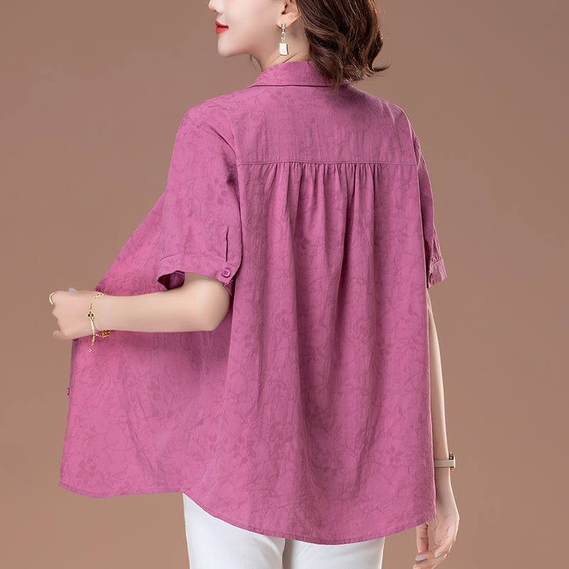 Mom's Cotton Women's Shirt Short-sleeved Summer New Middle-aged and Elderly Women's plus size Top Mid-length Cotton and Linen Shirt