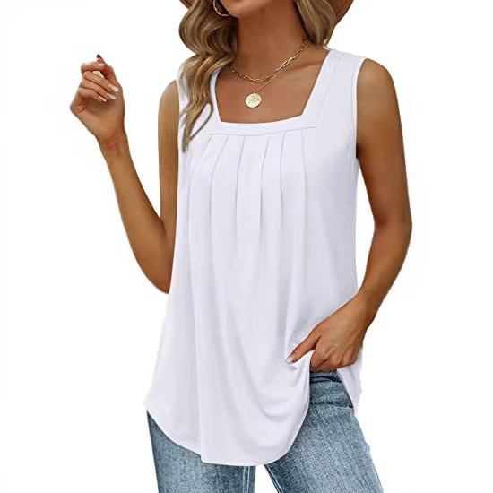 European and American 2023 New Women's Summer Vest Loose Pleated Square Collar Sleeveless Top Curved Hem Fashion Women's Clothing