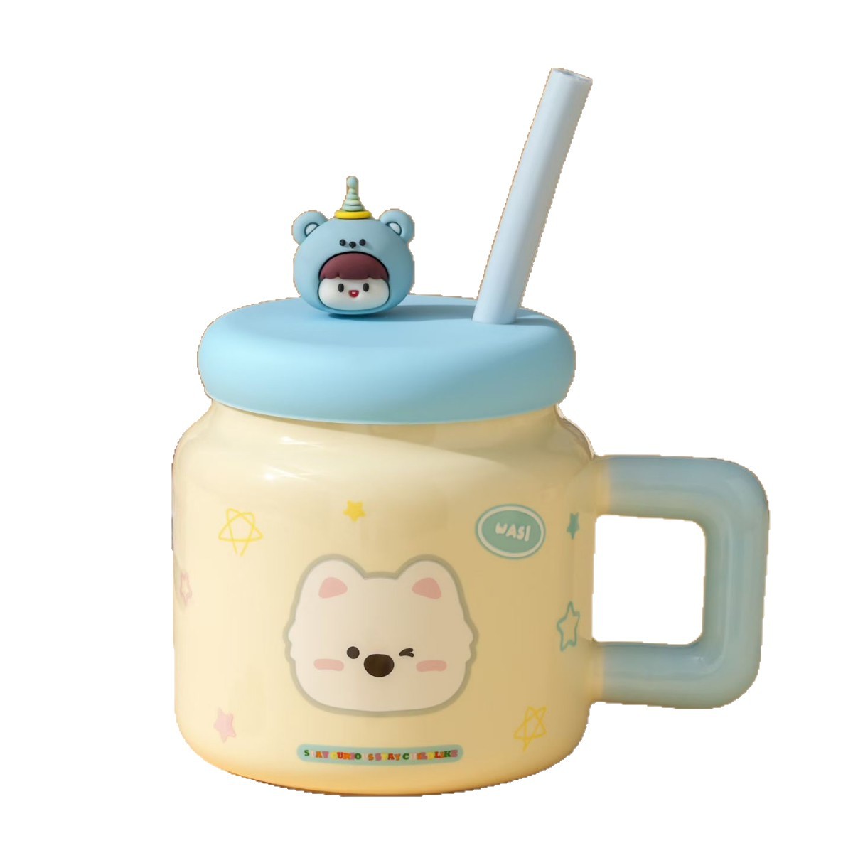 Creativa caricatura chica de paja de cerámica taza de agua acompañante mano regalo alto valor facial taza de marca con tapa encantadora taza de café transfronteriza