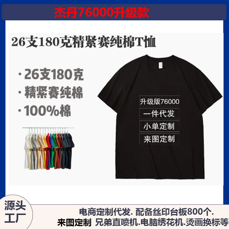 Мужская промо-футболка из чистого хлопка, 180 г, с круглым вырезом, короткий рукав, однотонная, 26-нитевая, улучшенная версия 76000, с напечатанным логотипом, для трансграничной торговли