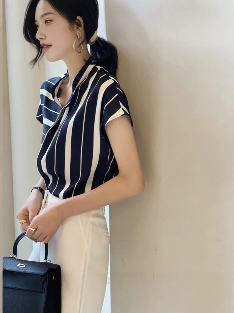 Áo sơ mi ngắn tay sọc phối màu thiết kế rộng rãi phong cách Pháp — sọc