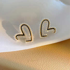 925银针小香风珍珠镶钻爱心耳环感耳环气质个性时尚轻奢耳饰