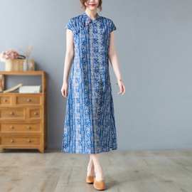 实拍2023夏季新款复古盘扣中国风改良旗袍蜡染茶服短袖连衣裙女