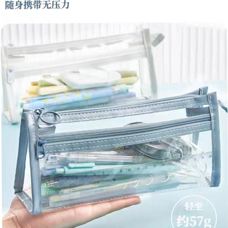 대용량 더블 레이어 투명 연필 케이스 간단한 검사 문구 가방 일본 스타일 높은 색상 값 두꺼운 PVC 학생 가방