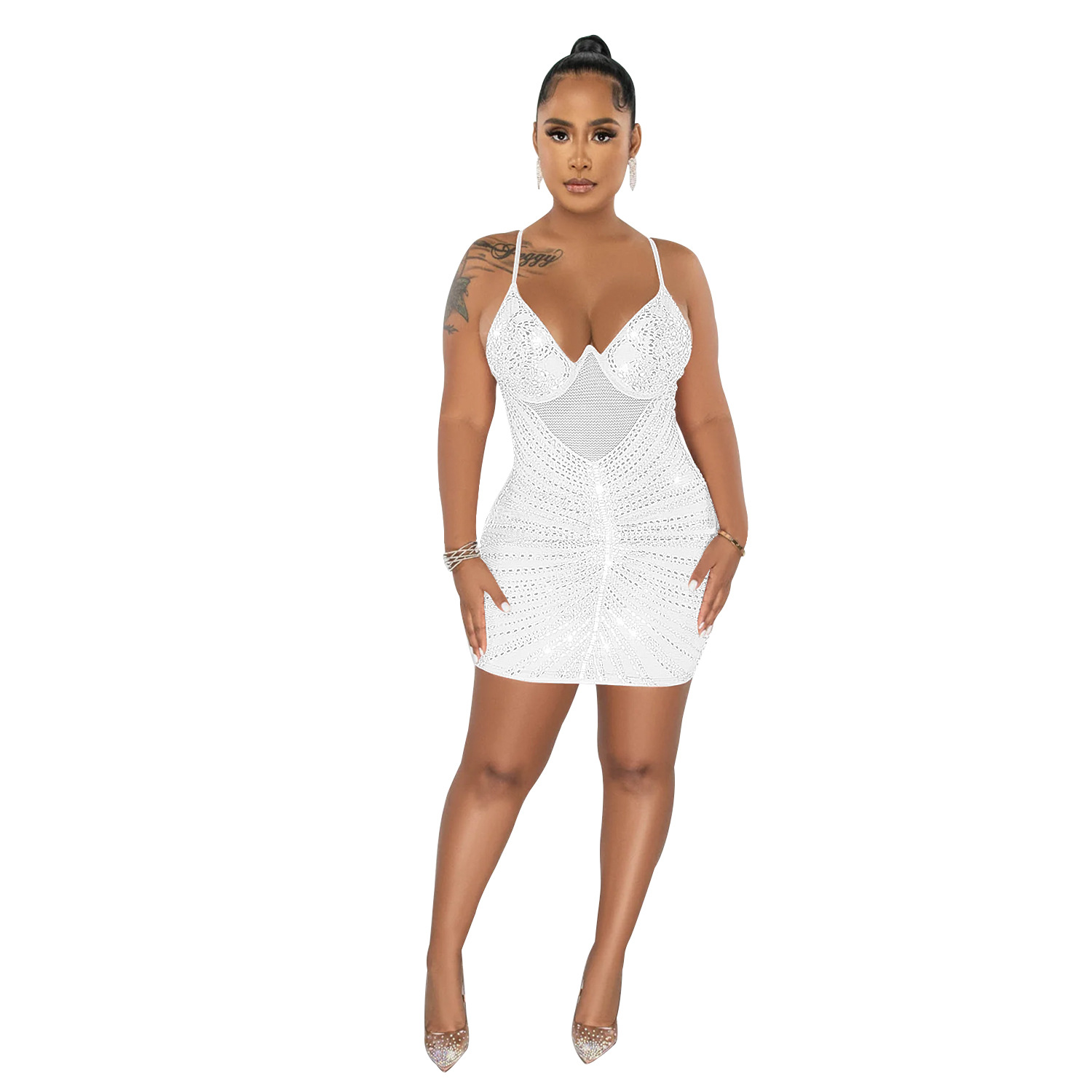 C6257 transfronteriza AliExpress Amazon ropa de mujer de moda europea y americana rhinestone correa de malla vestido de falda sin mangas