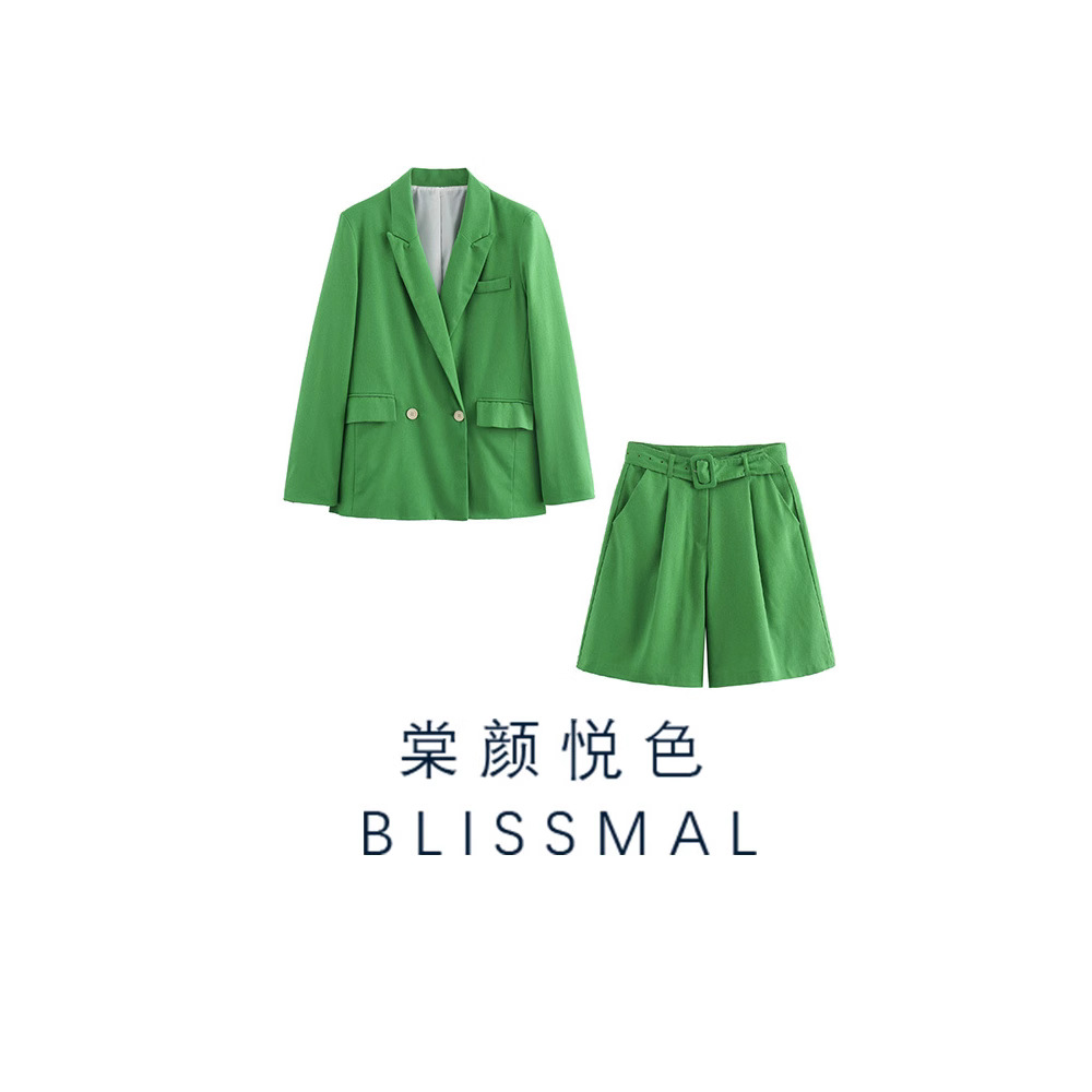 ZARO 自制欧美风时尚气质知性仿麻简约西装+配腰带百慕短裤