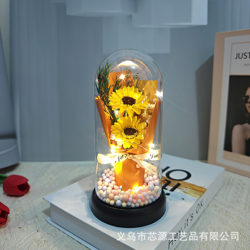 母の日 バレンタインデー ギフト バラ カーネーション チューリップ ソープ ガラス カバー ランプ 完成した花束 不滅の花|undefined