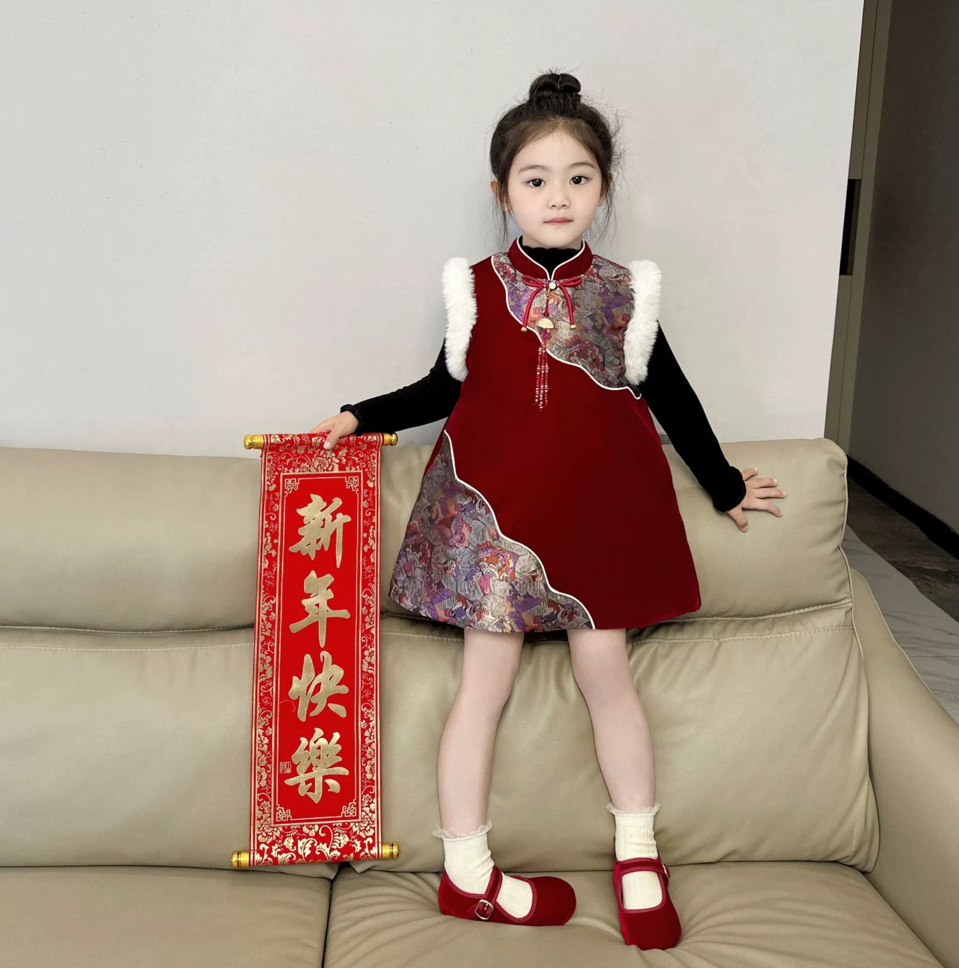 Девушка красный жаккардовый юбка чонсам юбка юбка 2024 зимний новый стиль девушка новогоднее платье платье