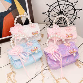 新款儿童单肩斜挎零钱包户外休闲手提包美人鱼珍珠手窜带亮片包包